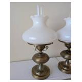 Pair of Vintage Brass Table Lamps with White Glass Shades