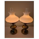 Pair of Vintage Brass Table Lamps with White Glass Shades