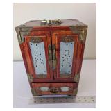 Chinese Jewelry Box with Jade Panels and Brass Accents