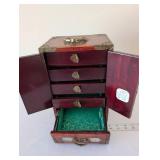 Chinese Jewelry Box with Jade Panels and Brass Accents