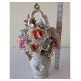 Porcelain Floral Basket Vase with Pastel Flowers and Gold Accents