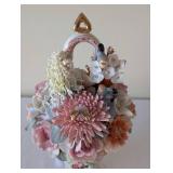 Porcelain Floral Basket Vase with Pastel Flowers and Gold Accents