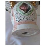 Porcelain Floral Basket Vase with Pastel Flowers and Gold Accents