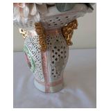 Porcelain Floral Basket Vase with Pastel Flowers and Gold Accents