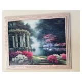 Framed Garden Landscape Art - Gazebo by Lake with Blooming Flowers in Whitewashed Wood