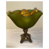 Antique Green Glass Compote Bowl on Ornate Bronze Stand