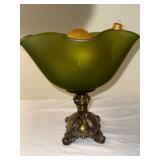 Antique Green Glass Compote Bowl on Ornate Bronze Stand