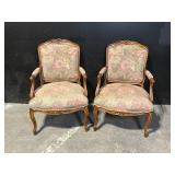 Pair of Vintage Floral Upholstered Armchairs - Carved Wood Frames