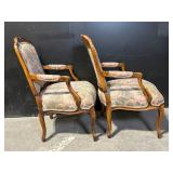 Pair of Vintage Floral Upholstered Armchairs - Carved Wood Frames