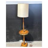 Vintage Wood Floor Lamp with Round Brass-Trim Tray Shelf and Linen Drum Shade