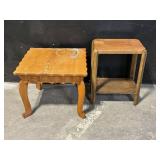Oak End Tables Pair: Ornate Carved Table with Scroll Legs & Simple 2-Tier Table