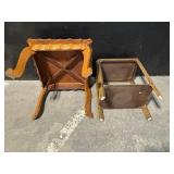 Oak End Tables Pair: Ornate Carved Table with Scroll Legs & Simple 2-Tier Table