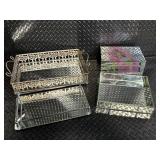 Vintage Filigree Metal Vanity Organizer Set with Floral Glass Boxes