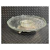 Vintage Green Glass Compote - Ornate Cast Metal Base