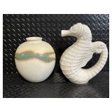 Pair of Made-in-Japan Ceramic Vases - Round Glazed Vase with Color Stripe & Swan-Shaped Decanter