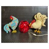 Floral Fabric Roosters & Red Glass Orb Lamp