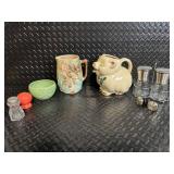 Pig-Shaped Ceramic Teapot - Floral Accent Mug - Green Leaf Bowl - Salt & Pepper Shaker Set