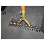 Lawn / Garden Tools (three Shovels, one Union Fork and Hoe Combo, one hand Hoe) and (2) Hangers