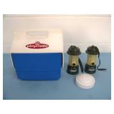 Igloo Mini-Cooler, (2) Mini Coleman Lantern Style Flashlights and (1) Push Light Disc