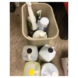 Box of Cleaning Supplies / Trash Can