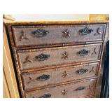 Vintage Bamboo-Style Tall Dresser with Textured Drawers and Decorative Accents