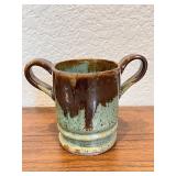 Handmade Studio Pottery Two-Handled Mug with Brown and Green Glaze