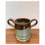 Handmade Studio Pottery Two-Handled Mug with Brown and Green Glaze