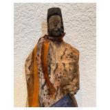 Hand-Carved Folk Art Wood Figure with Blue Accents and Ribbon