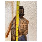 Hand-Carved Folk Art Wood Figure with Blue Accents and Ribbon