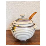 Handmade Signed Ceramic Soup Pot with Lid and Wooden Ladle