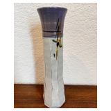 Handmade Signed Stoneware Vase with Purple Rim, 12 Inch Tall