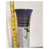 Handmade Signed Stoneware Vase with Purple Rim, 12 Inch Tall