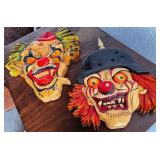 Set of 2 Handcrafted Wood Carved Clown Wall Masks Signed P. A. Barry