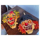 Set of 2 Handcrafted Wood Carved Clown Wall Masks Signed P. A. Barry