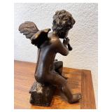 Bronze Cherub Figurine Playing Flute on Log with Birds