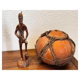 Lot of Tribal Hand-Carved Wooden Figure and Gourd Vessel Decor