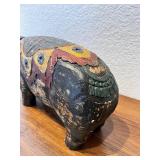 Hand-Carved Painted Wood Pig Figurine with Decorative Motif
