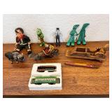 Collection of Vintage Toys and Collectibles Including Tin Wind-Up Donkey Cart, Gumby Figures, Model Trolley Cars