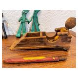 Collection of Vintage Toys and Collectibles Including Tin Wind-Up Donkey Cart, Gumby Figures, Model Trolley Cars