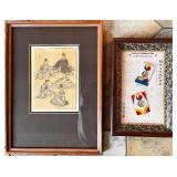 Framed Asian Art Prints Including Japanese Gathering Scene and Korean Traditional Kite Display