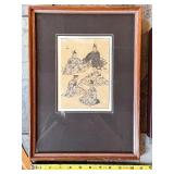 Framed Asian Art Prints Including Japanese Gathering Scene and Korean Traditional Kite Display