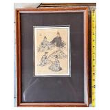 Framed Asian Art Prints Including Japanese Gathering Scene and Korean Traditional Kite Display