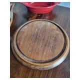 Frankoma Pottery Leaf Dish, Red Fiesta Mini Baker, and Wood Trivet Set