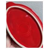 Frankoma Pottery Leaf Dish, Red Fiesta Mini Baker, and Wood Trivet Set