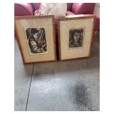 Pair of Framed Signed Linocut Prints by Amen, 17x22 Inches