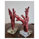 Pair of Red Coral Decorative Sculptures on Glass Bases