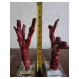 Pair of Red Coral Decorative Sculptures on Glass Bases
