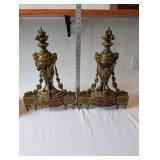Pair of Ornate Vintage Brass Mantel Urns with Floral Motif