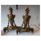 Pair of Ornate Vintage Brass Mantel Urns with Floral Motif