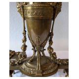 Pair of Ornate Vintage Brass Mantel Urns with Floral Motif